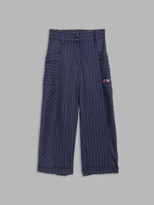 Blue Giraffe Girls Navy Blue Striped Loose Fit Mid-Rise Flat-Front Trouser