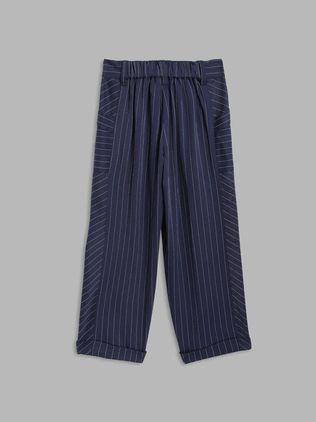 Blue Giraffe Girls Navy Blue Striped Loose Fit Mid-Rise Flat-Front Trouser