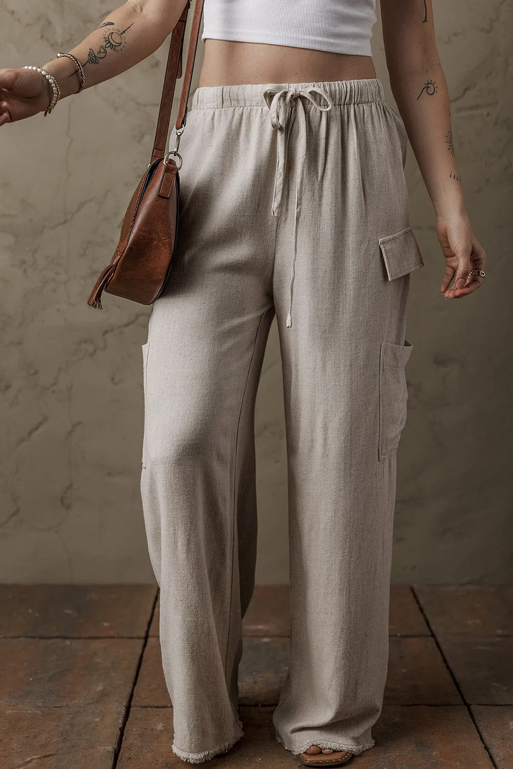 Boho Linen Raw Edge Cargo Loose Pants