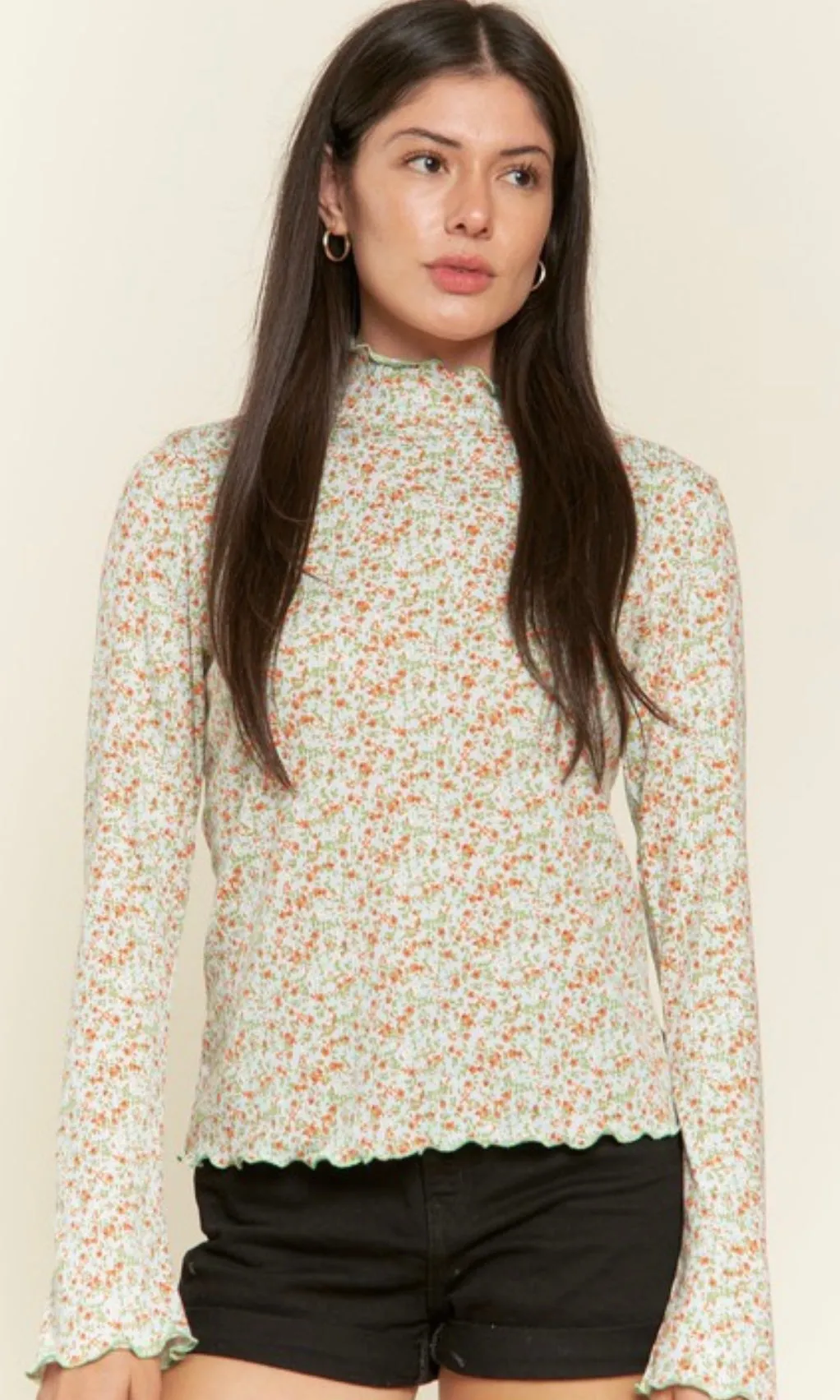 Caprisa Sky Blue Floral Print Mock Neck Long Sleeve Top