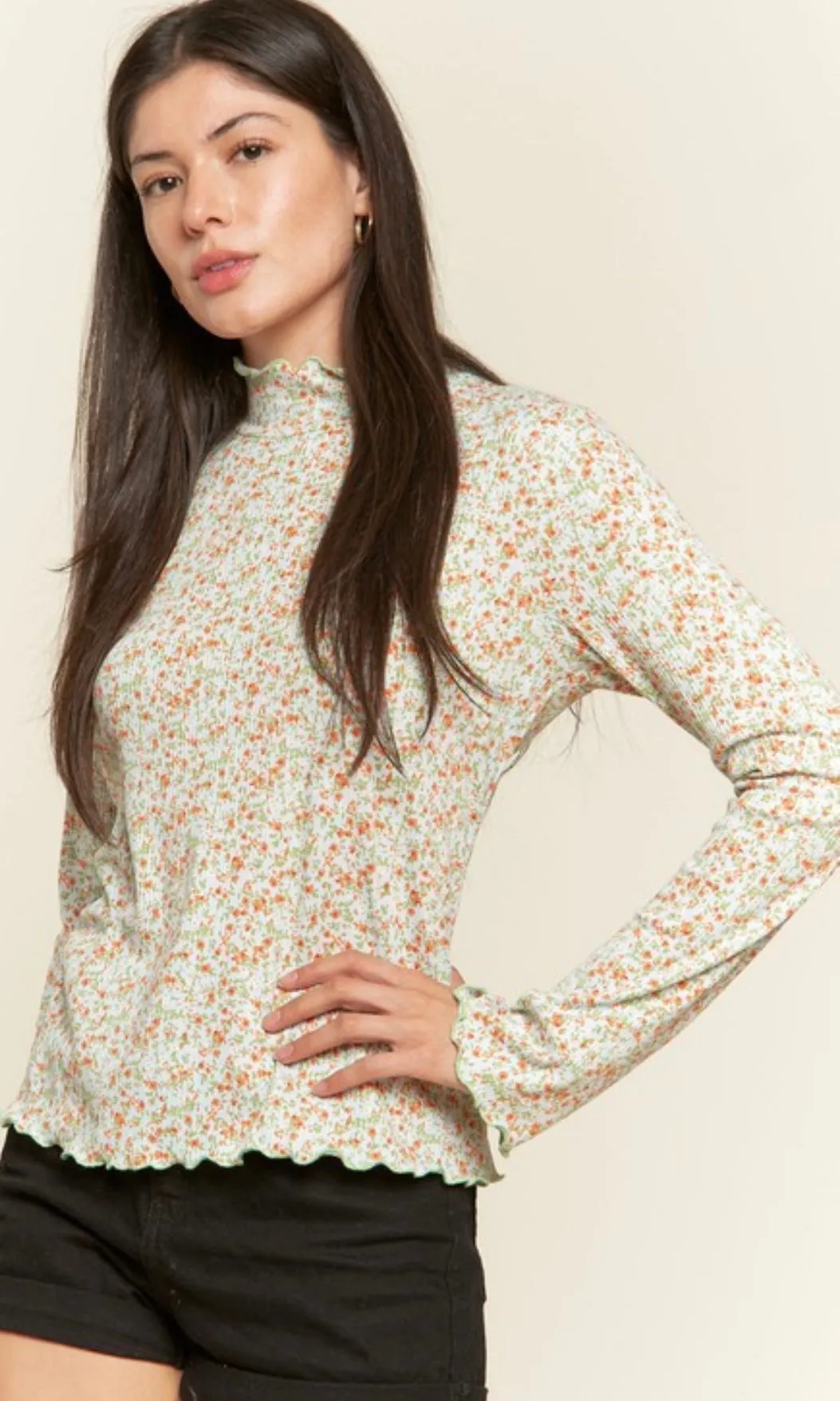 Caprisa Sky Blue Floral Print Mock Neck Long Sleeve Top