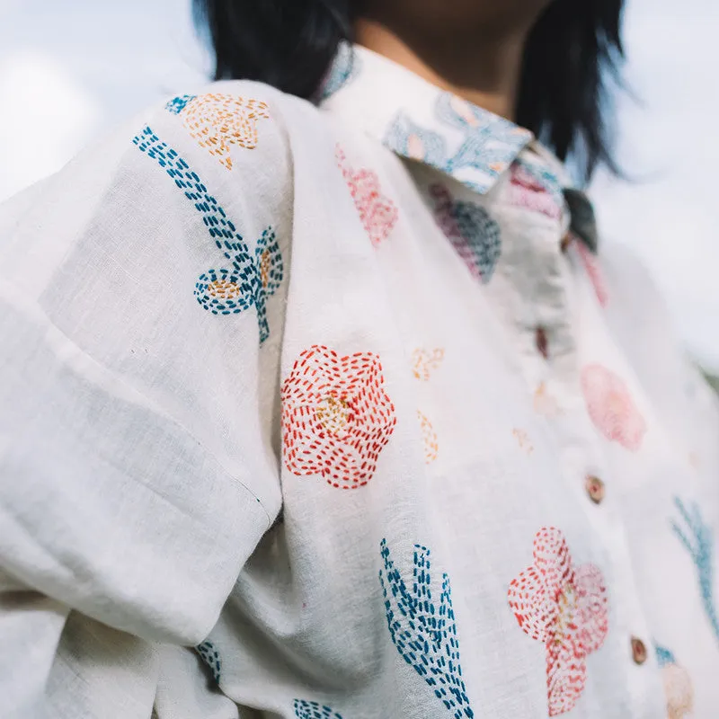 Cotton Oversized Shirt for Women | White | Embroidered