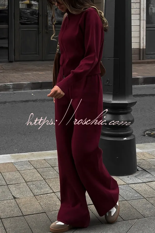 Effortlessly Stylish Ribbed Zipper High Neck Sweatshirt and Elastic Waist Pocketed Loose Pants Set