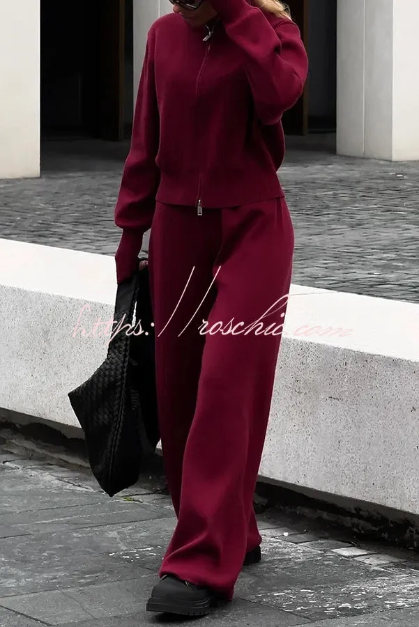 Effortlessly Stylish Ribbed Zipper High Neck Sweatshirt and Elastic Waist Pocketed Loose Pants Set