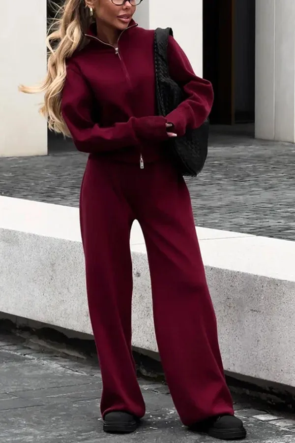 Effortlessly Stylish Ribbed Zipper High Neck Sweatshirt and Elastic Waist Pocketed Loose Pants Set