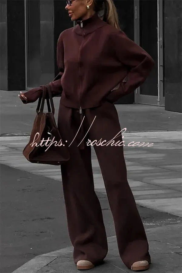 Effortlessly Stylish Ribbed Zipper High Neck Sweatshirt and Elastic Waist Pocketed Loose Pants Set