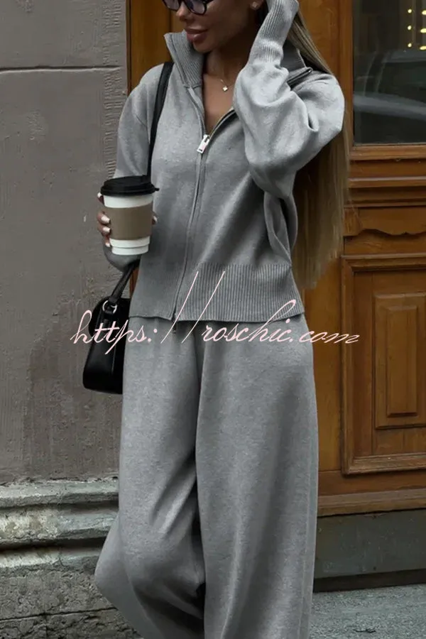 Effortlessly Stylish Ribbed Zipper High Neck Sweatshirt and Elastic Waist Pocketed Loose Pants Set