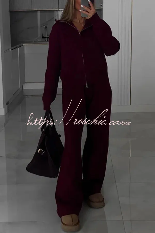 Effortlessly Stylish Ribbed Zipper High Neck Sweatshirt and Elastic Waist Pocketed Loose Pants Set