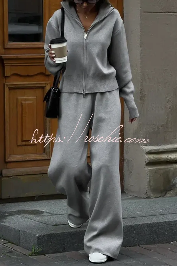 Effortlessly Stylish Ribbed Zipper High Neck Sweatshirt and Elastic Waist Pocketed Loose Pants Set