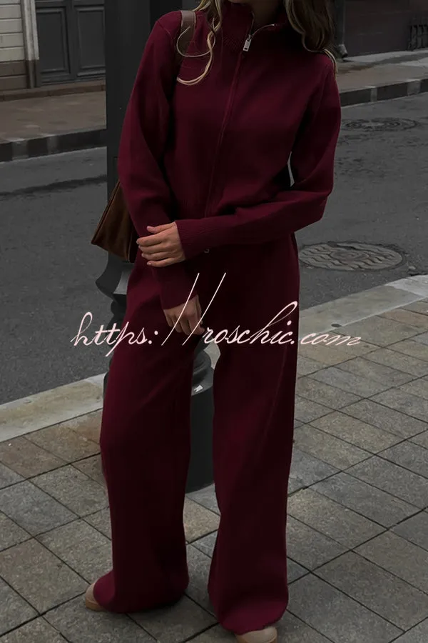 Effortlessly Stylish Ribbed Zipper High Neck Sweatshirt and Elastic Waist Pocketed Loose Pants Set