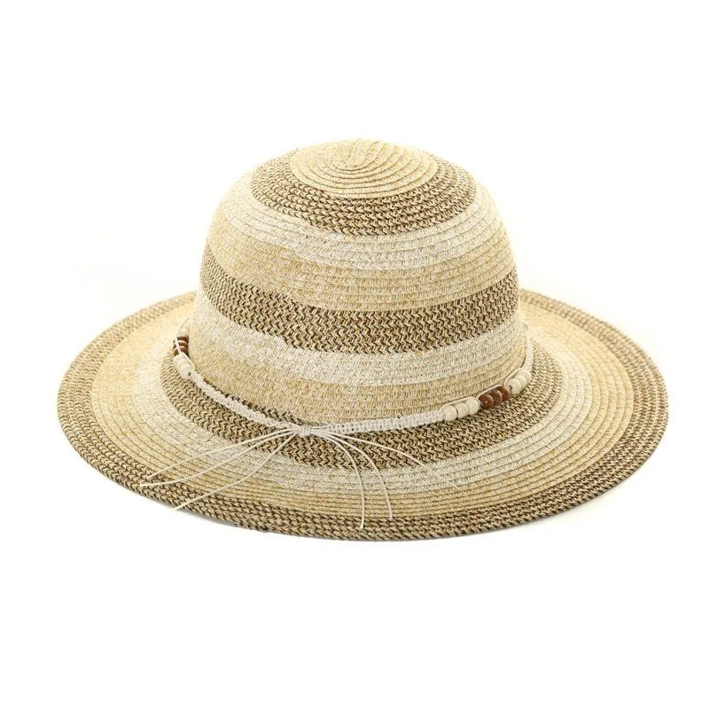 Hazy Blue Wide Brim Striped Straw Womens Hat