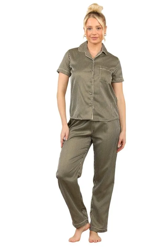 Khaki with Black Stripe Satin Pajama Set – Chic & Comfortable Striped Loungewear for Women