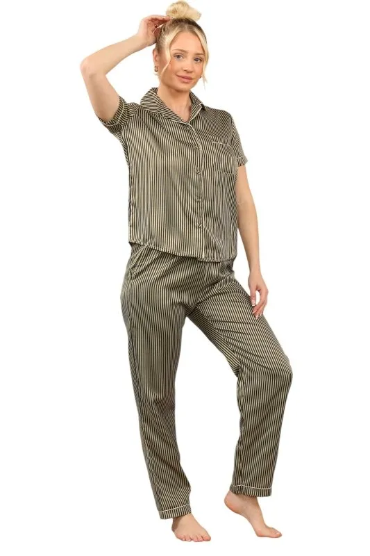 Khaki with Black Stripe Satin Pajama Set – Chic & Comfortable Striped Loungewear for Women