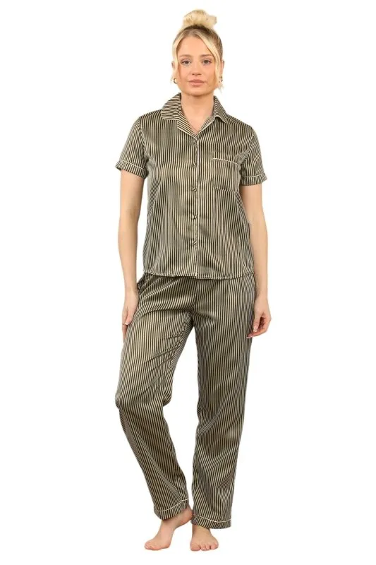 Khaki with Black Stripe Satin Pajama Set – Chic & Comfortable Striped Loungewear for Women