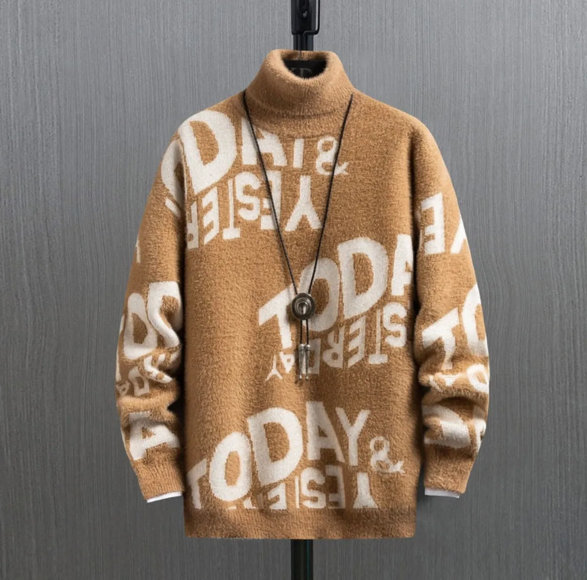 Letter Print Turtleneck Cashmere Sweater