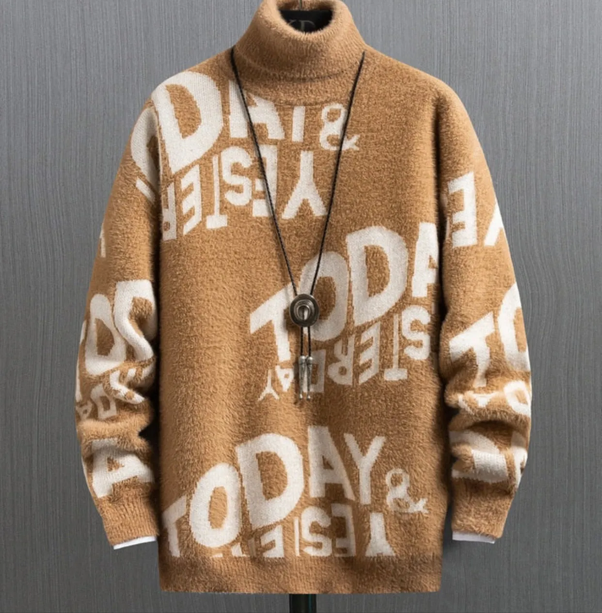 Letter Print Turtleneck Cashmere Sweater