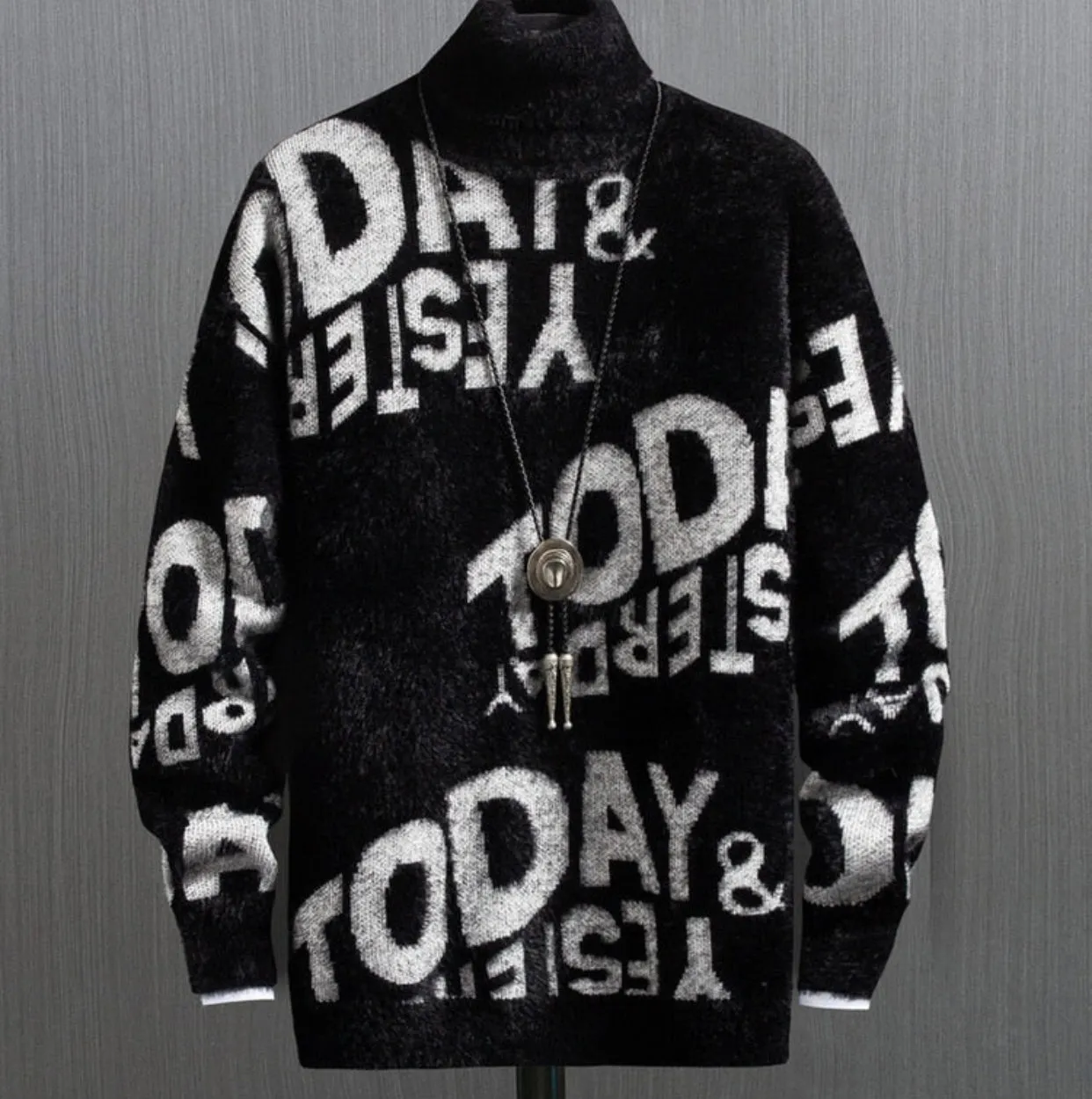 Letter Print Turtleneck Cashmere Sweater