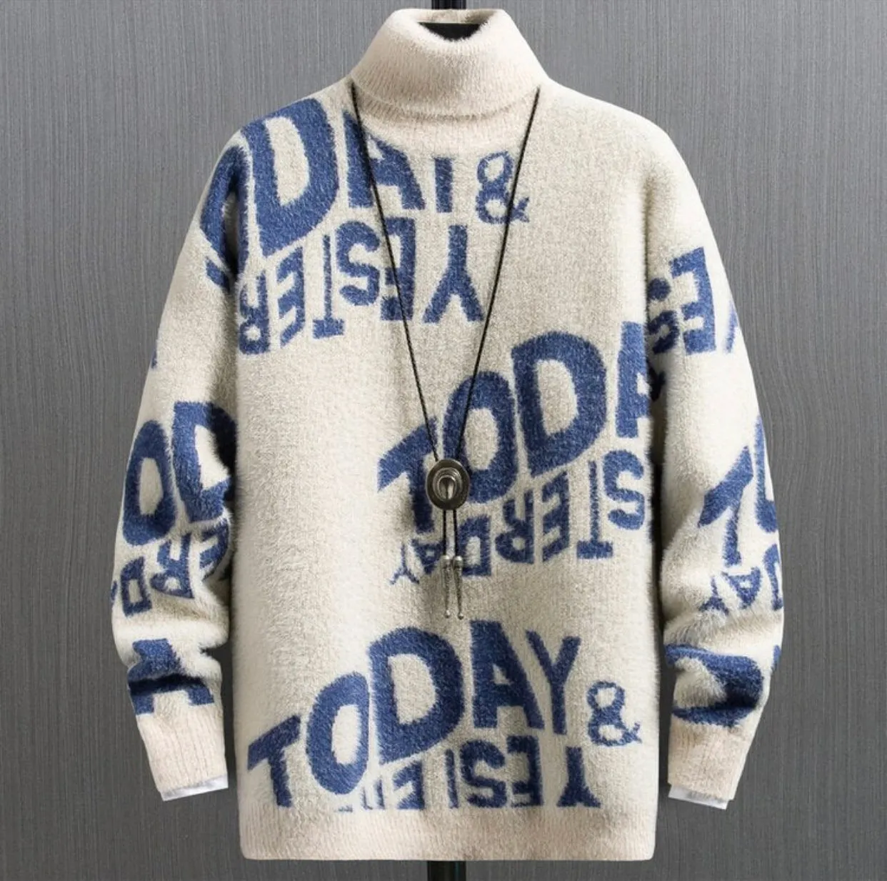 Letter Print Turtleneck Cashmere Sweater