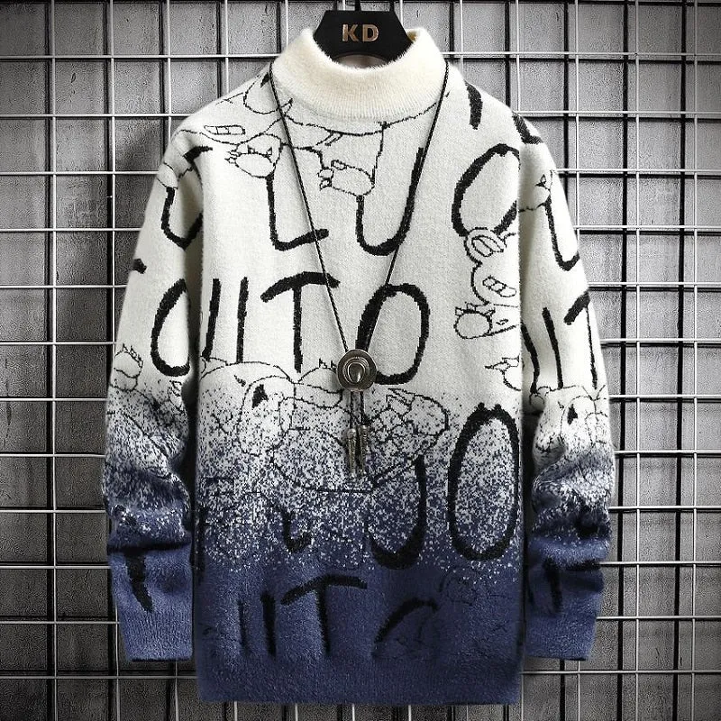 Letter Print Turtleneck Mink Cashmere Pullover