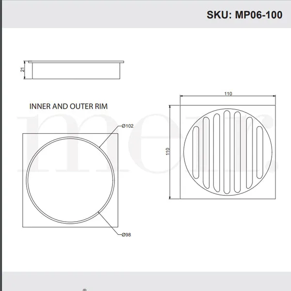 Meir Square Floor Grate Shower Drain 100mm Outlet - Chrome