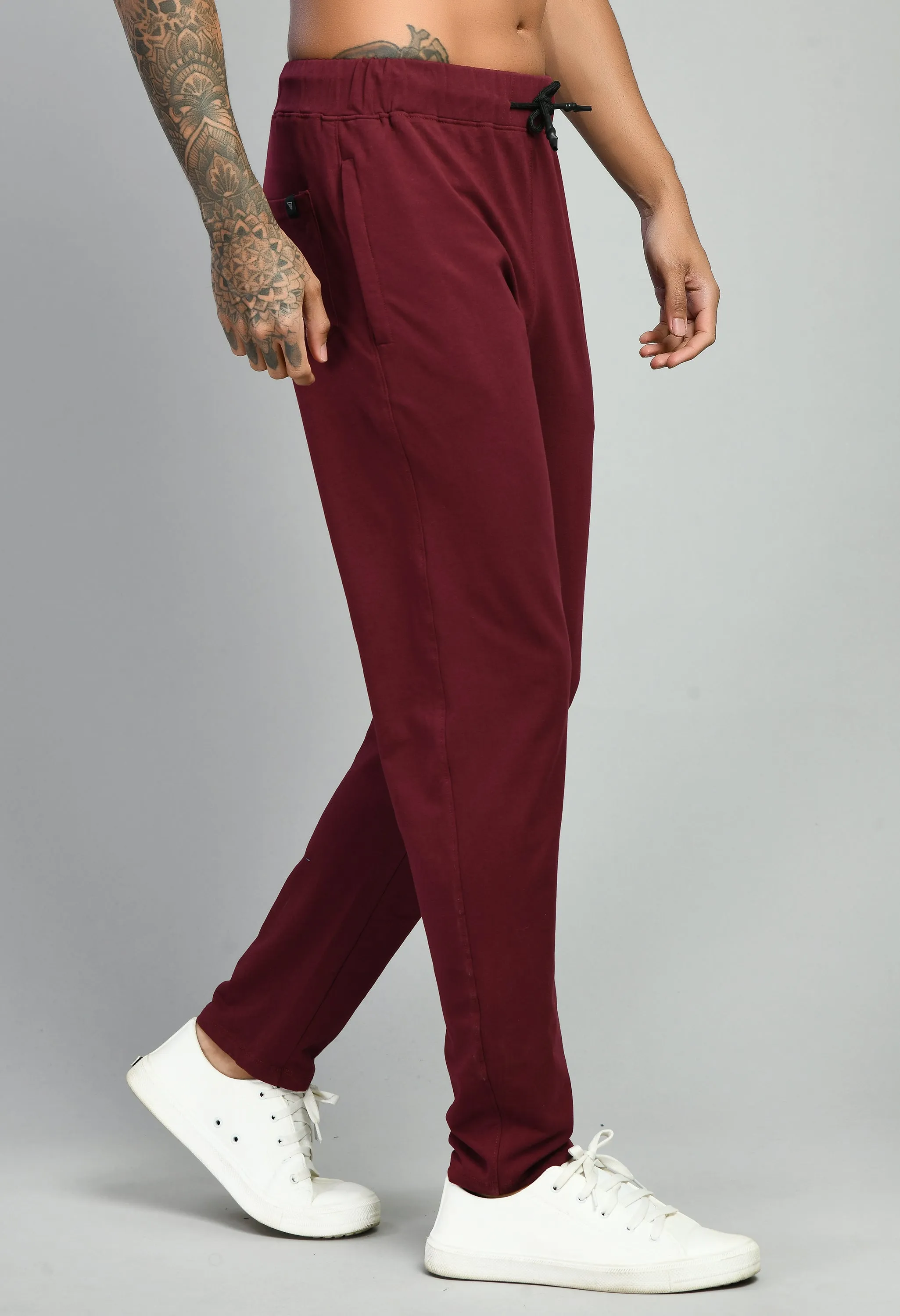 Men's Maroon Plain Lycra Terry Trousers