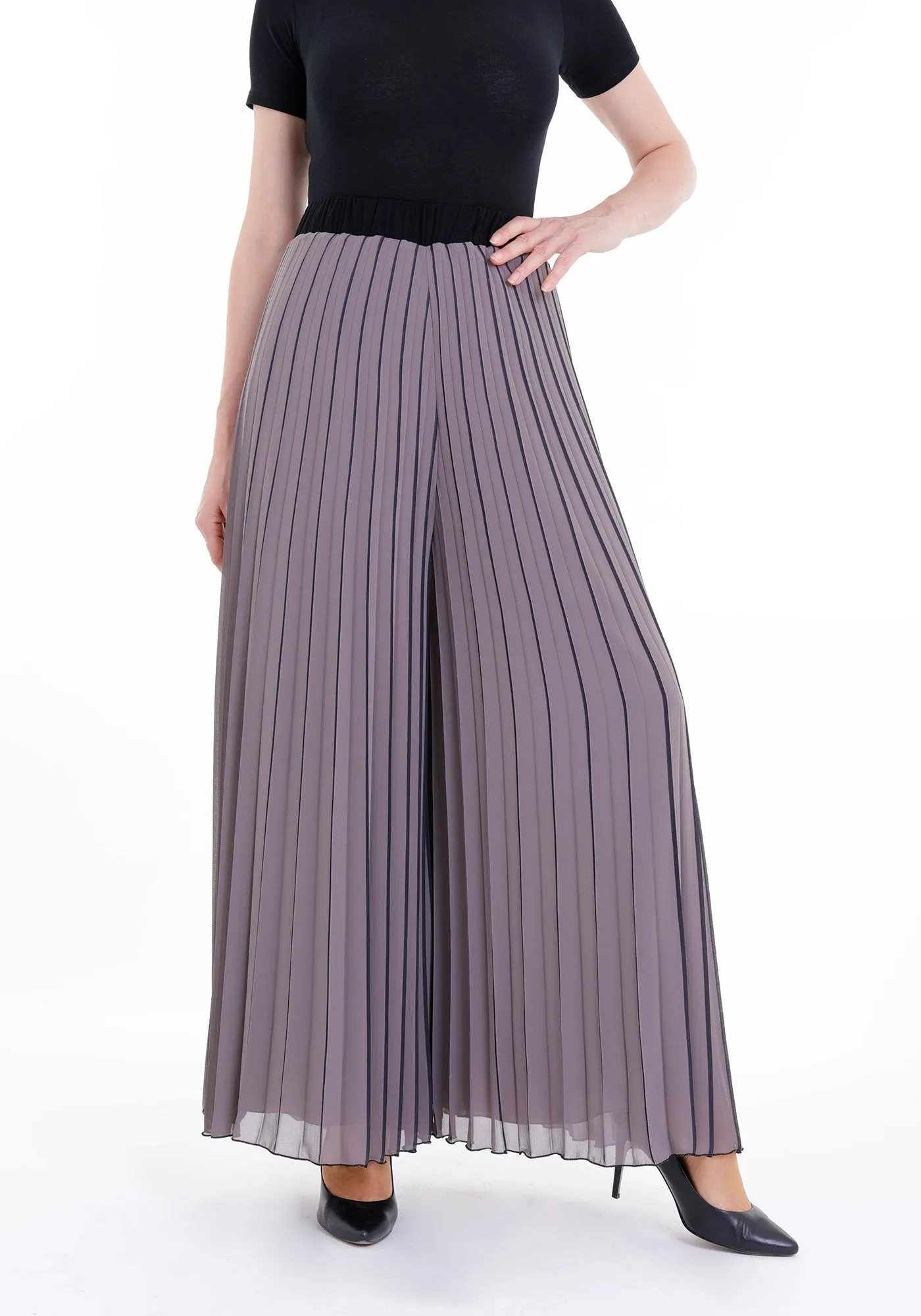 Mink Palazzo Black Striped Pleated Elastic Waist Band Wide Leg Pants