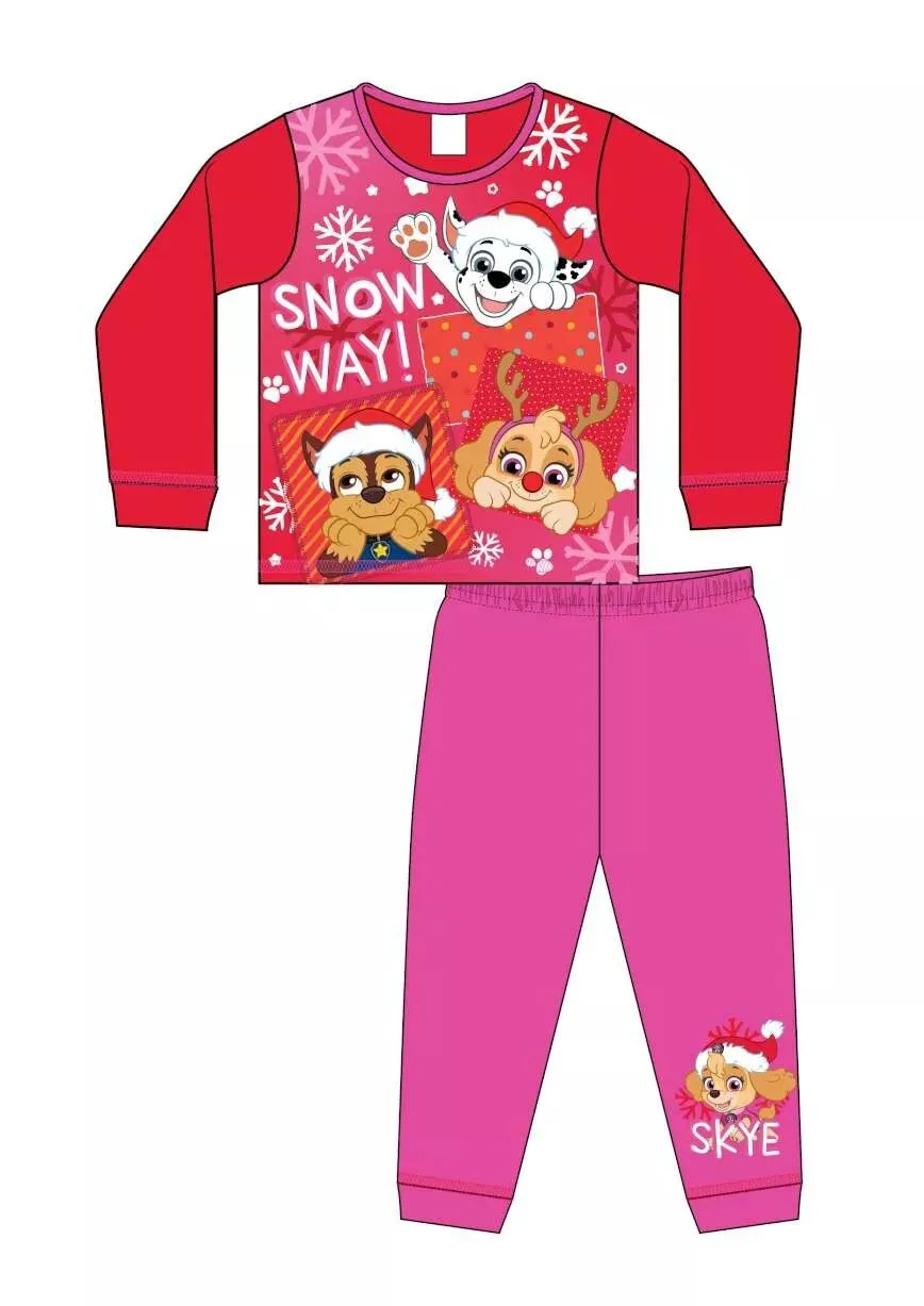 Paw Patrol Girls Christmas Festive Pyjamas Nightwear Pyjama Set Red