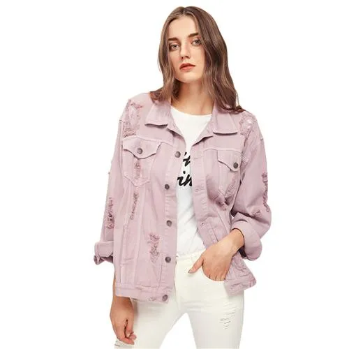 Pink Lapel Single Breasted Casual Denim Jacket