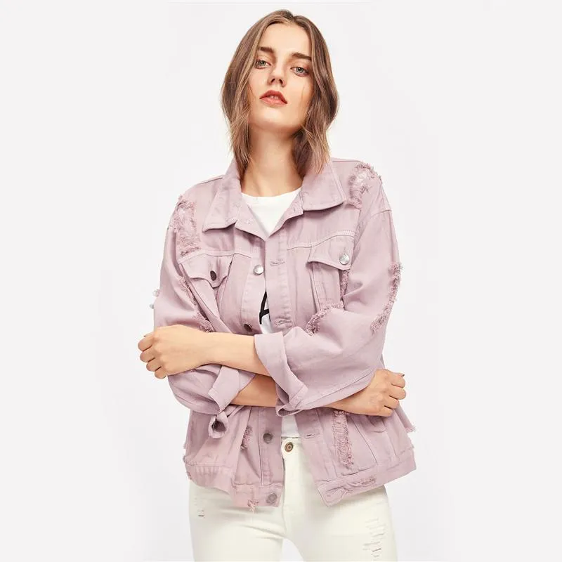 Pink Lapel Single Breasted Casual Denim Jacket