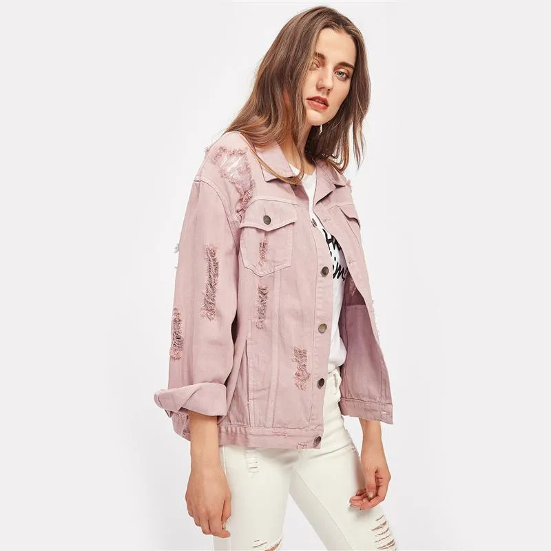 Pink Lapel Single Breasted Casual Denim Jacket