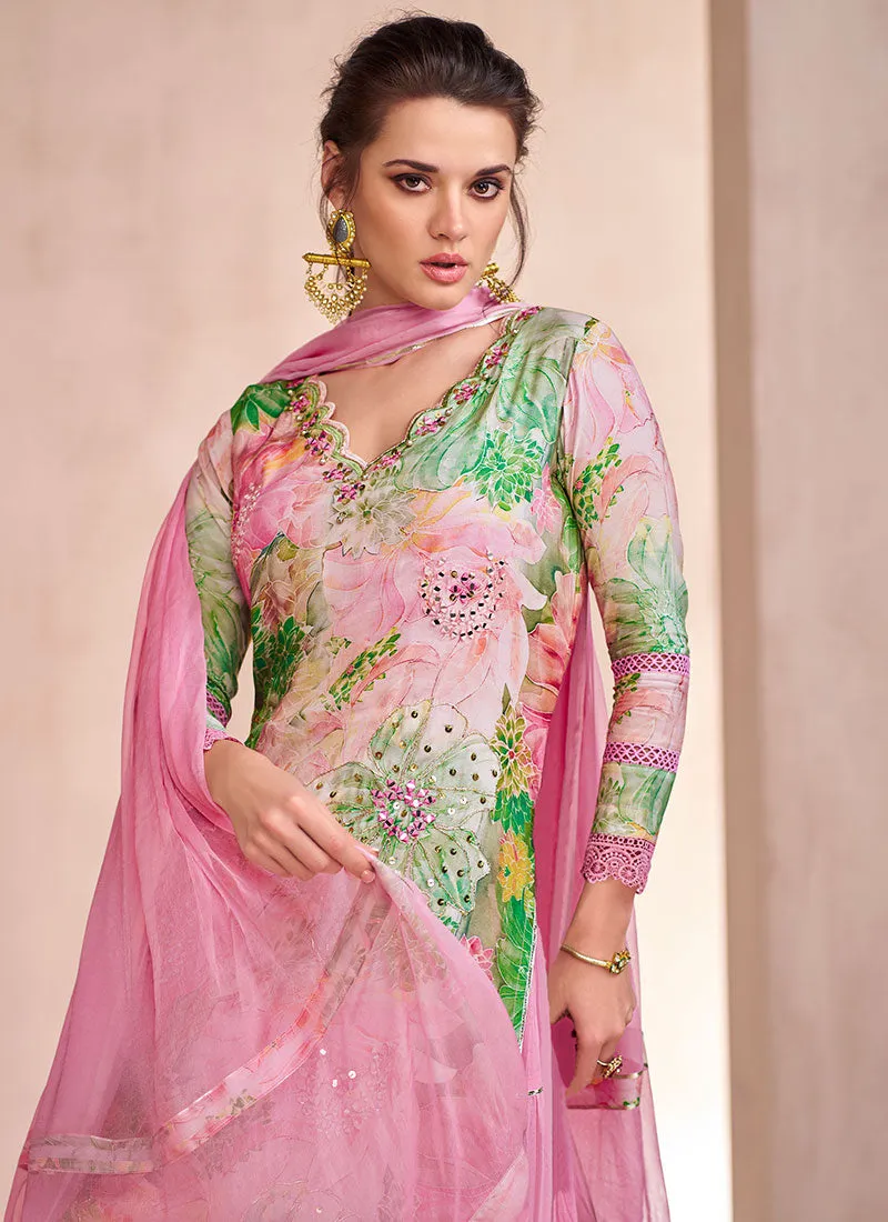 Pink Multi Embroidery Printed Lehenga Kurti