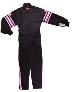 RaceQuip One Piece Single Layer Fire Suit - Black w/Pink Stripes - Kids Small - 1950892