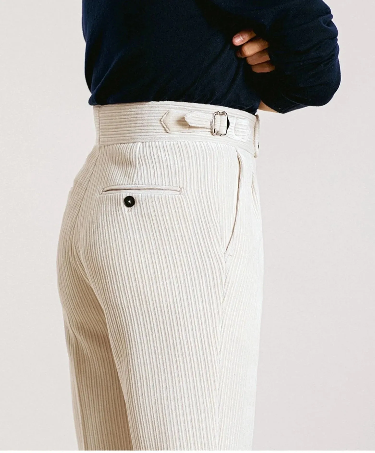 Solid Corduroy Belt Buttons Trousers