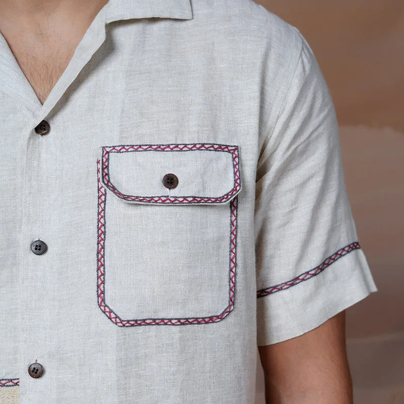 Unisex Linen Embroidered Shirt | Beige