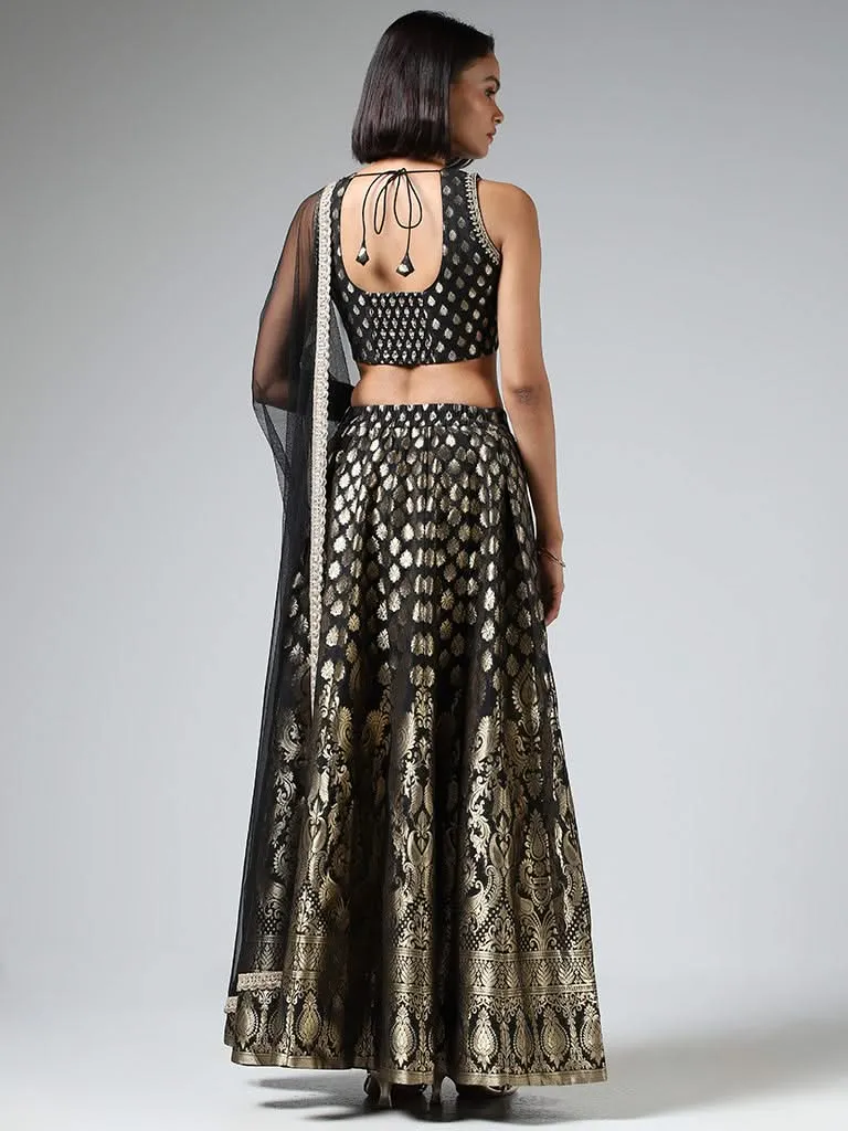 Vark Brocade Printed Black Choli with Skirt & Dupatta