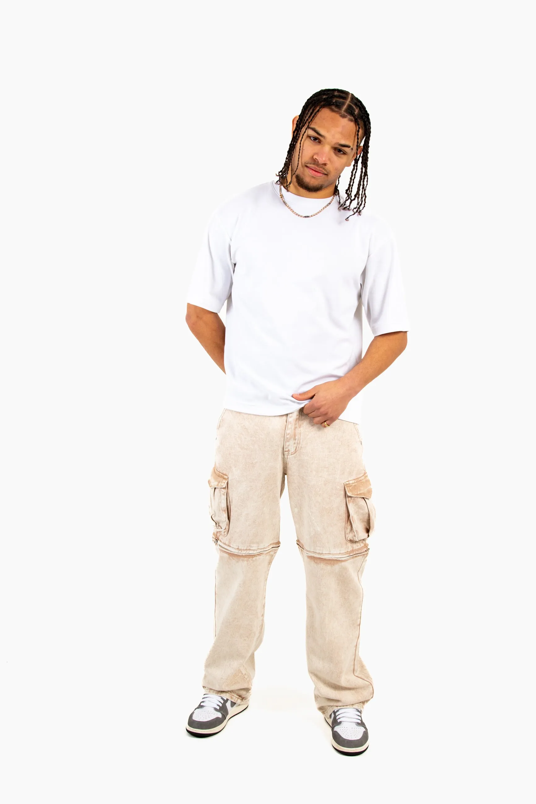 Washed Beige Baggy Cargo Trouser Detachable Zip-Off Shorts