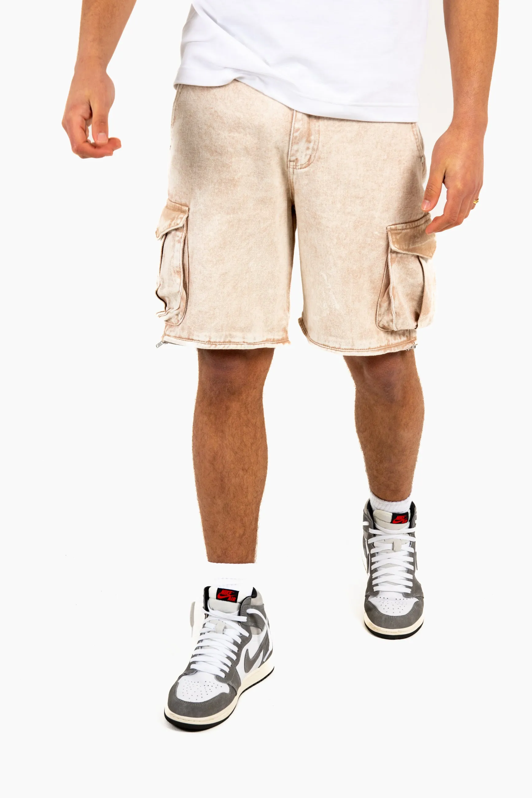 Washed Beige Baggy Cargo Trouser Detachable Zip-Off Shorts