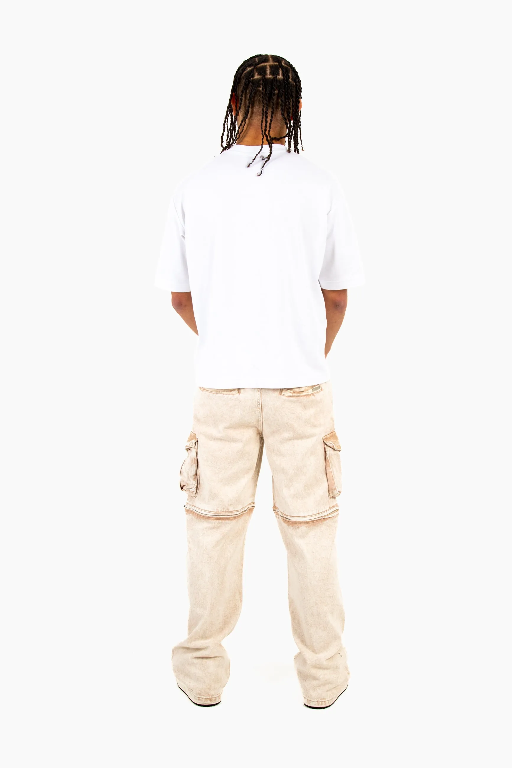 Washed Beige Baggy Cargo Trouser Detachable Zip-Off Shorts