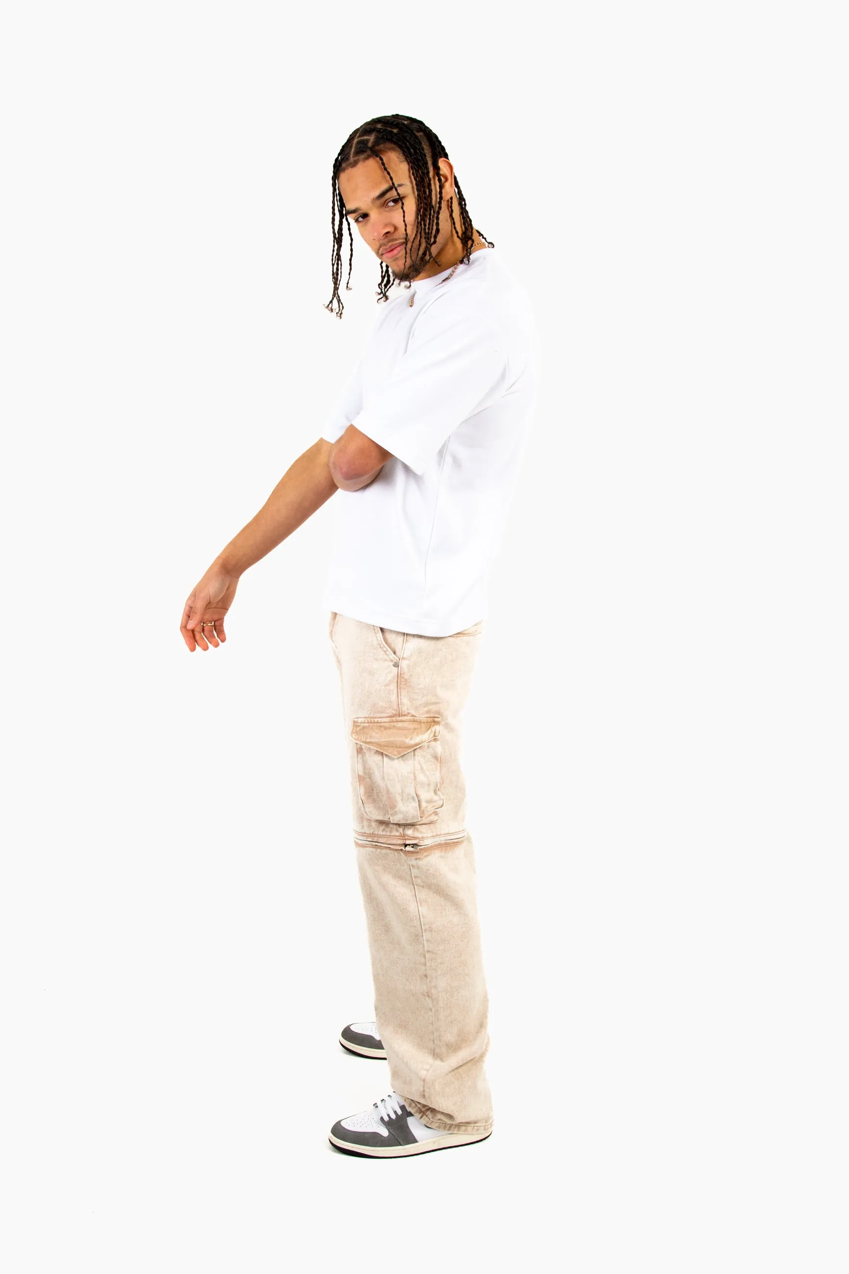 Washed Beige Baggy Cargo Trouser Detachable Zip-Off Shorts