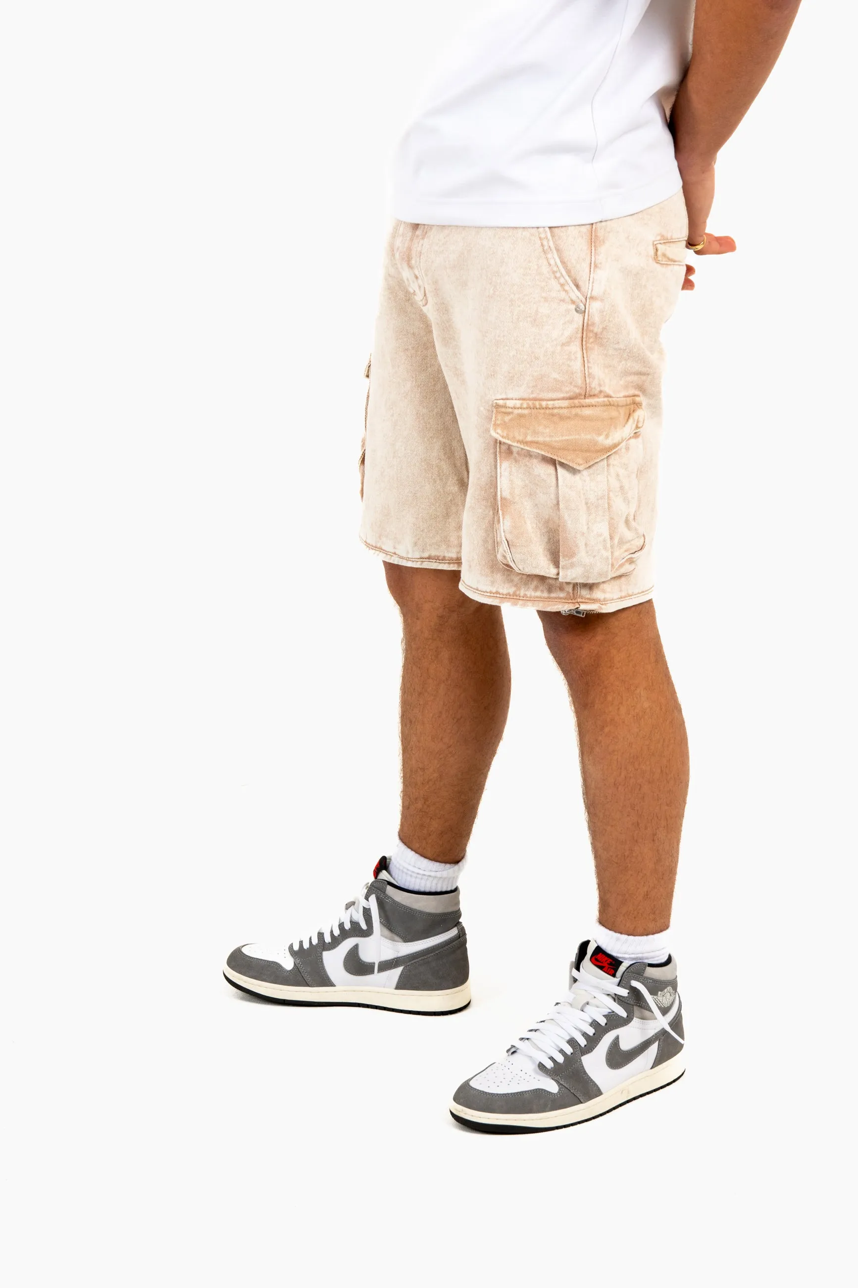 Washed Beige Baggy Cargo Trouser Detachable Zip-Off Shorts