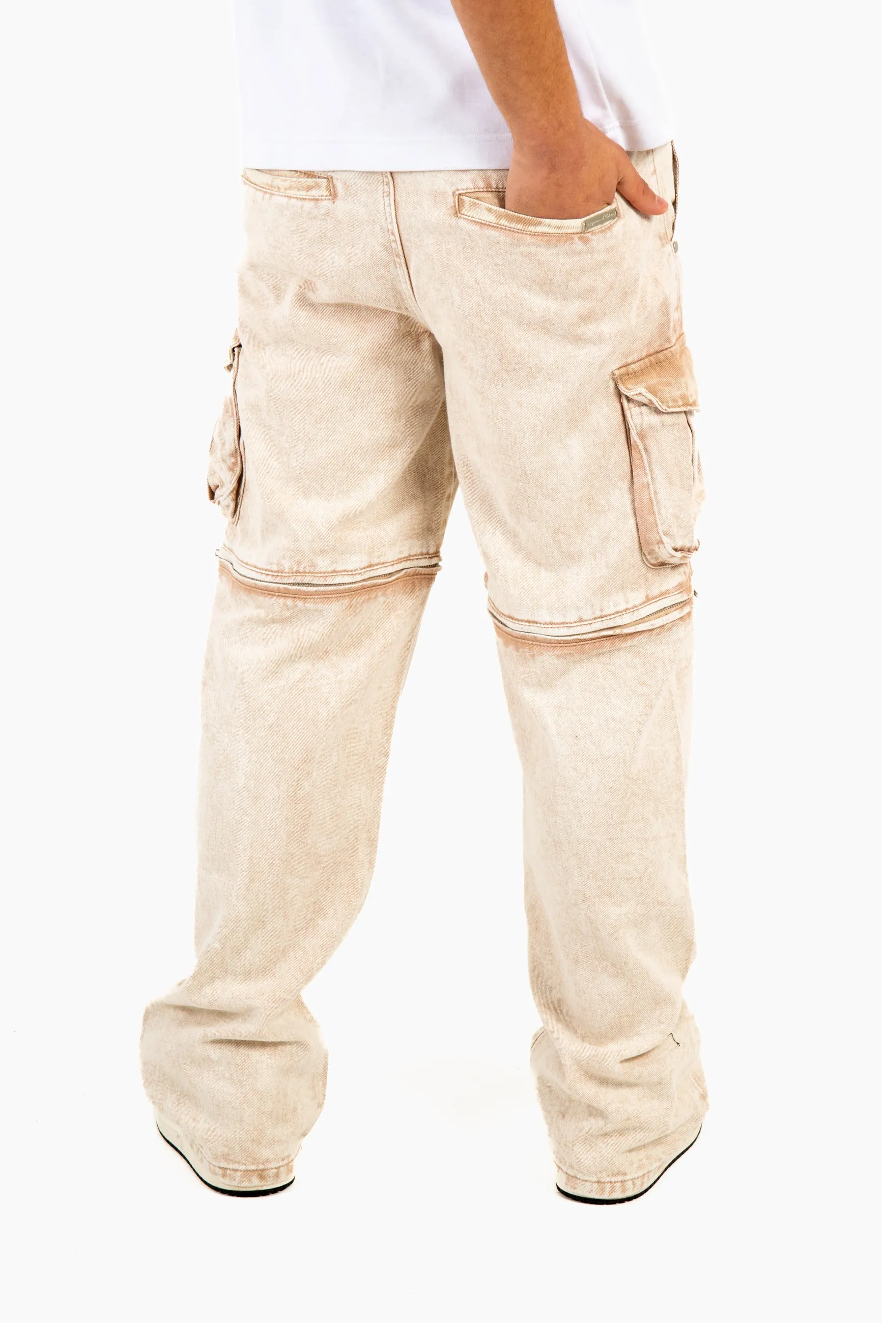 Washed Beige Baggy Cargo Trouser Detachable Zip-Off Shorts