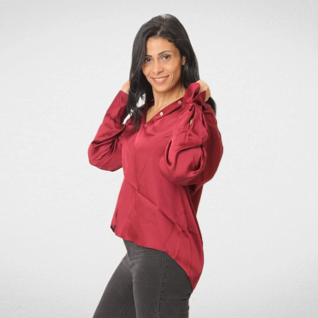 Women Shirt - Satin- Short - Burgundy