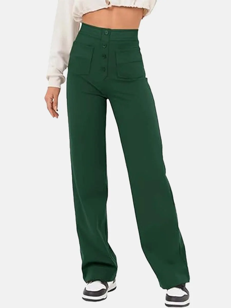 Women's Casual High Waist Button Elastic Straight Pants